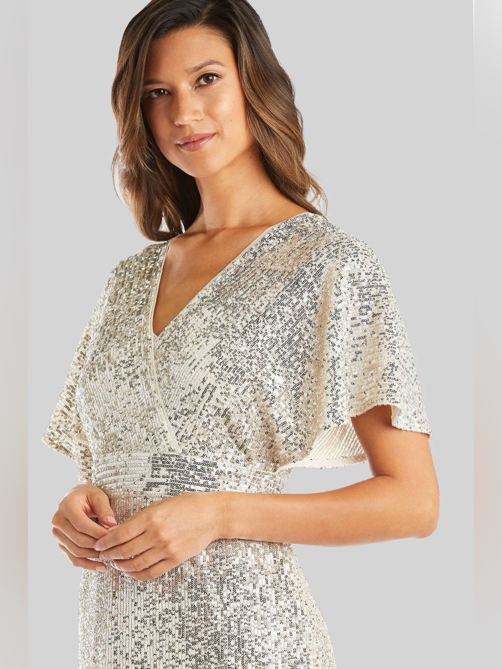 R & M Richards Silver Sequin Wrap-Style Girls Dress - Picture 3 of 5